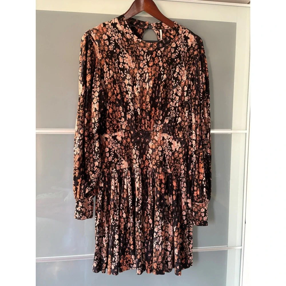 Free People Heartbeats Floral Mini Dress Long Balloon Sleeve Black Dark Academia